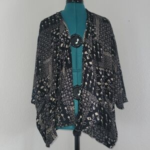 Ecote Open Front Kimono Oversized Black Cream Boho Artsy Patchwork Women XS